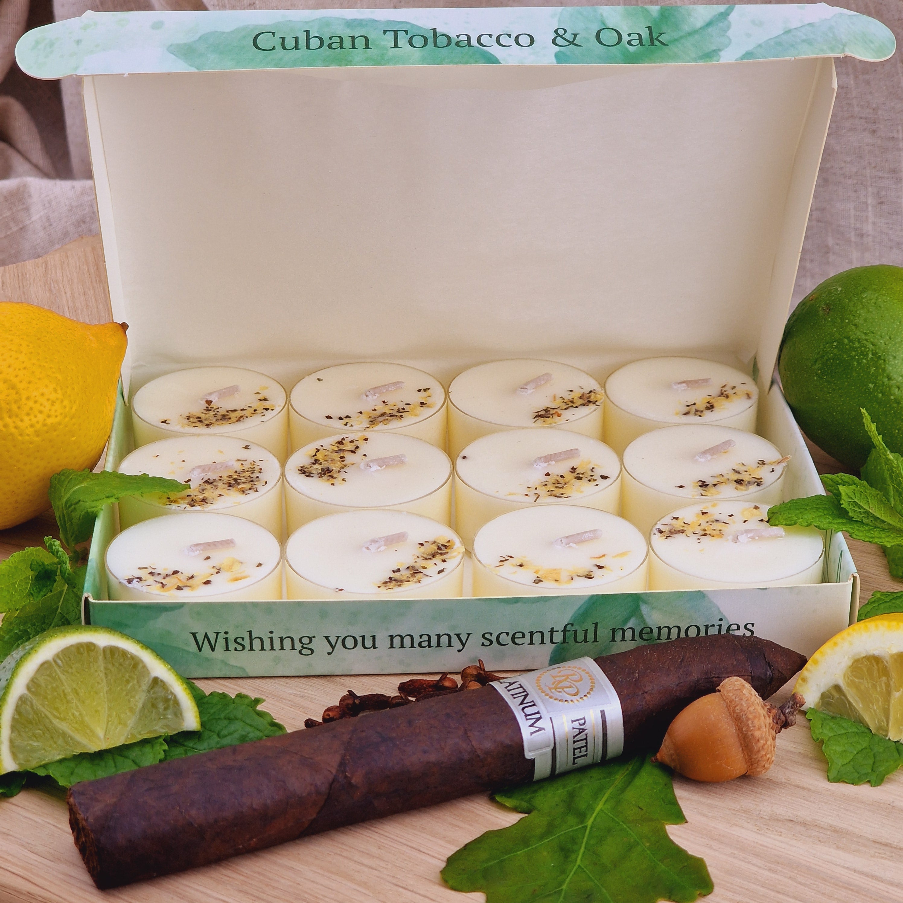 Cuban Tobacco & Oak Scented Soy Wax Tea Light Candles Gift Box | 12 Tealight Candles Gift Set